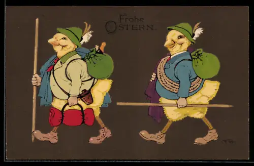 Künstler-AK F.Baumgarten: Osterküken im Wanderoutfit