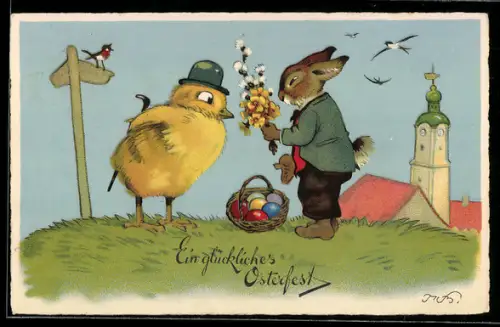 Künstler-AK Fritz Baumgarten: Osterhase überreicht einem Osterküken einen Blumenstrauss