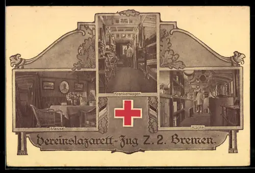 AK Vereinslazarett-Zug Z. 2 Bremen, Messe, Krankenwagen, Küche, Rotes Kreuz