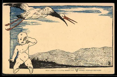 Künstler-AK Philipp + Kramer: Storch lässt ein Baby zurück, Jugendstil