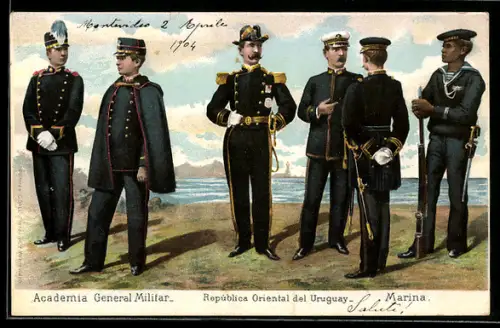 Lithographie Uruguay, Offiziere und Mannschaften der Marine von Uruguay