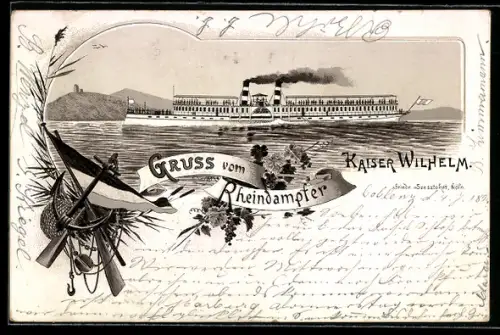 Vorläufer-Lithographie Rheindampfer Kaiser Wilhelm in Fahrt auf dem Rhein, 1894, Anker und Fahne