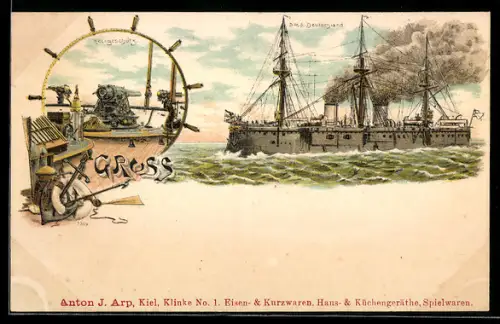 Lithographie Panzerfregatte S.M.S. Deutschland vom Ostasiengeschwader auf See, Heckgeschütz, Anker, Kriegsschiff