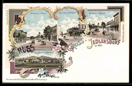Lithographie Gross-Jedlersdorf, Amtsstrasse v. Ostseite, Amtsstrasse v. Westseite, Baumergasse u. K. K. Postamt