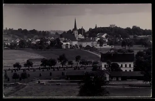 AK Ottensheim, Bahnhof mit Blick zur Kirche