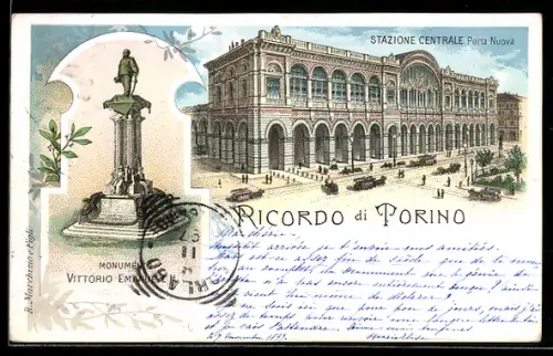Lithographie Torino, Stazione Centrale, Porta Nuova, Monumento Vittorio Emanuele