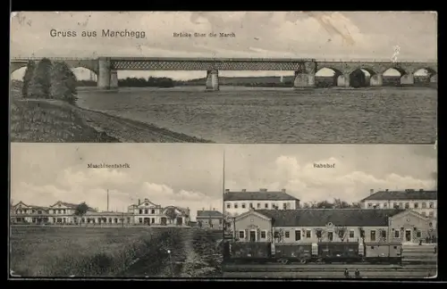 AK Marchegg, Bahnhof, Brücke über die March, Maschinenfabrik