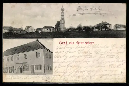 AK Handenberg, Gasthaus, Blick zur Kirche