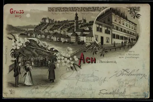 Mondschein-Lithographie Ach /O. Ö., Pachler`s Gasthaus, Ortsansicht im Vollmondlicht