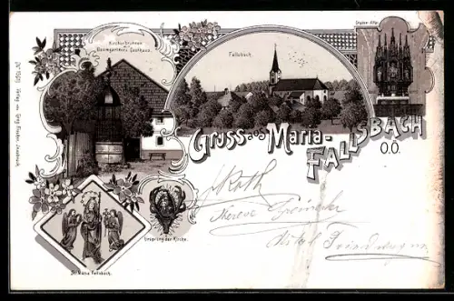 Lithographie Maria-Fallsbach /O.Ö., Baumgartner`s Gasthaus am Kirchenbrunnen, Gnaden-Altar, Gnadenbild