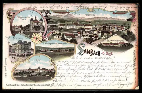 Lithographie Lambach /O.-Oe., K. k. Staats-Hengsten-Depot, Sparkasse, Stift