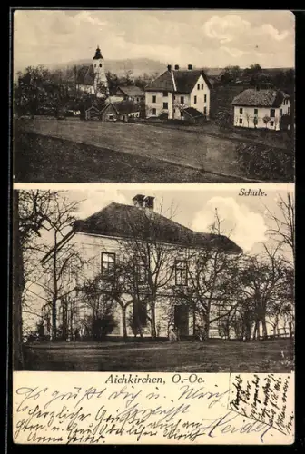 AK Aichkirchen /O. Ö., Blick zur Schule, Ortsansicht mit Kirche