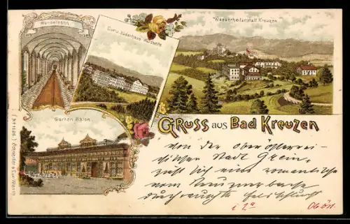 Lithographie Bad Kreuzen, Kur- u. Bäderhaus Waldseite, Wasserheilanstalt, Wandelbahn