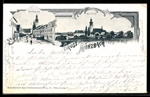 AK Münzbach b. Perg, Blick auf den Marktplatz, Teilansicht der Ortschaft