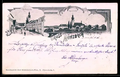 AK Münzbach b. Perg, Blick auf den Marktplatz, Teilansicht der Ortschaft