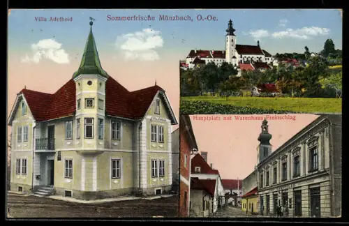 AK Münzbach /O.-Oe., Villa Adelheid, Hauptplatz mit Warenhaus Freinschlag