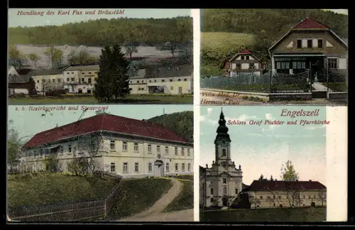 AK Engelszell, Gasthof Bräustübl und Handlung des Karl Fux, K. k. Bezirksgericht und Steueramt, Pfarrkirche