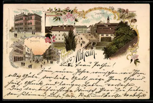 Lithographie Altheim, Marktplatz, Volksschule, Totalansicht