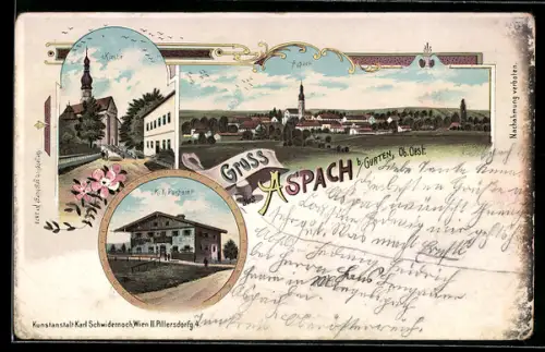 Lithographie Aspach b. Gurten, K.K Postamt, Kirche, Totalansicht der Ortschaft