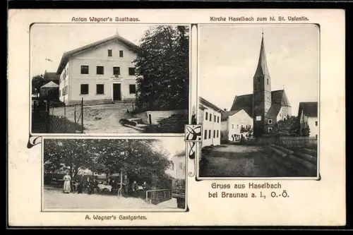 AK Haselbach, Gasthaus, Gastgarten, Kirche