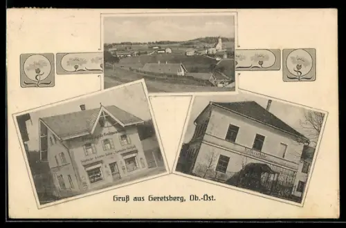 AK Geretsberg /Ob.-Öst., Panorama, Volksschule und Gemischtwarenladen