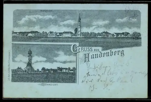 AK Handenberg, Ortsansicht mit der Kirche, Totalansicht der Ortschaft