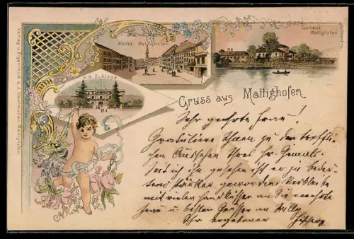 Lithographie Mattighofen, Marktplatz, Kurhaus Mattighofem, K.K. Schloss