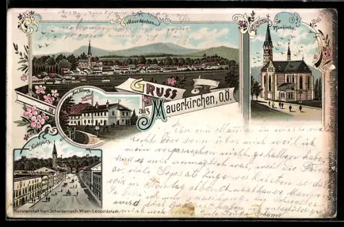 Lithographie Mauerkirchen, Bad Biburg, Marktplatz, Pfarrkirche