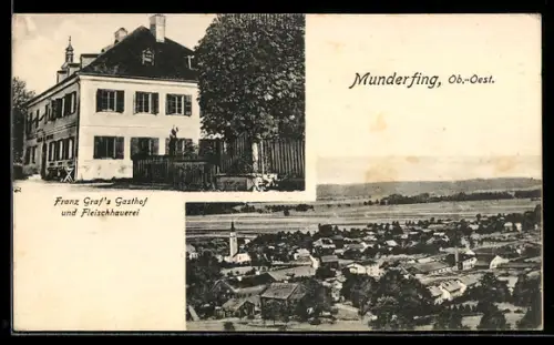 AK Munderfing, Ob.-Oest., Franz Graf`s Gasthof und Fleischhauerei, Ortsansicht aus der Vogelschau