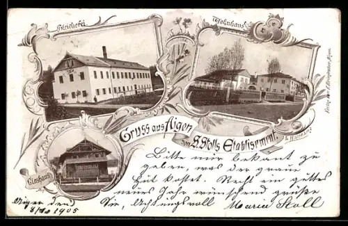 AK Aigen, Glashaus von S. Stoll, Bleicherei, Wohnhaus