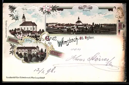 Lithographie Wimsbach, Kirche, Ansicht vom Schloss, Ortsansicht