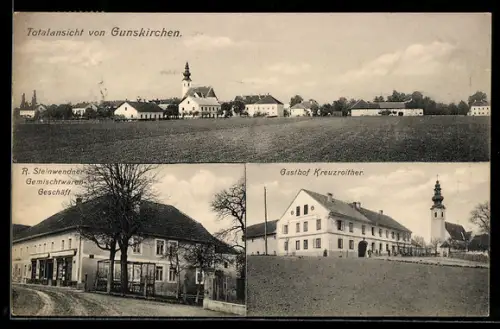 AK Gunskirchen, Gasthof Kreuzroither, R. Steinwendner`s Gemischtwaren-Geschäft, Totalansicht