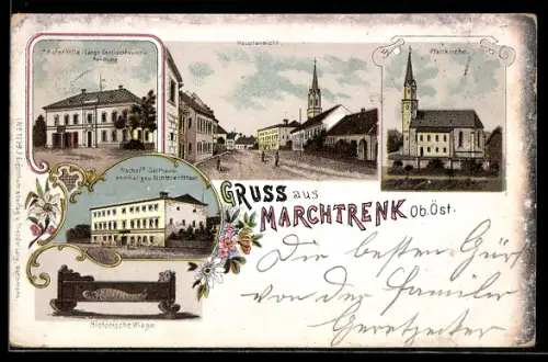 Lithographie Marchtrenk, Hauptansicht, Pfarrkirche, Hofer Villa