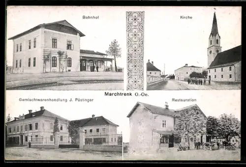 AK Marchtrenk, Restauration, Gemischtwarenhandlung J. Pöstinger, Bahnhof
