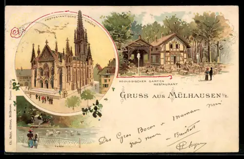 Lithographie Mülhausen, Protestantische Kirche, Zoologischer Garten Restaurant