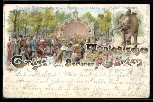 Lithographie Berlin, Zoologischer Garten, Grosse Restauration von Borgers & Marquardt, Elefant