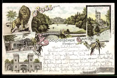 Lithographie Frankfurt a. Main, Zoologischer Garten, Affenhaus, Bärenzwinger, Aussichtsturm