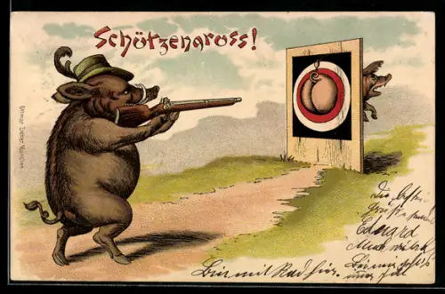 Lithographie Wildschwein mit Gewehr zielt auf Schweinehintern