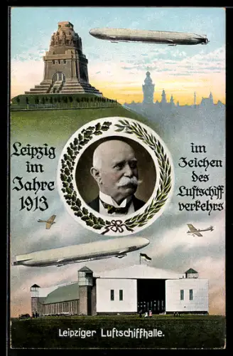 AK Leipzig, Luftschifhalle mit Zeppelin beim Start, Porträtbild von Graf Zeppelin