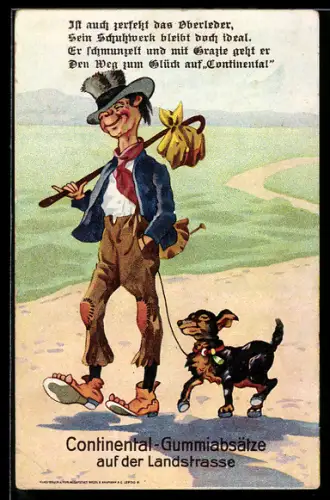 AK Wandersmann mit Hund und Continental Gummiabsätzen auf der Landstrasse, Reklame
