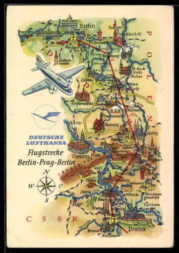 AK Flugstrecke Berlin-Prag-Berlin der Deutsche Lufthansa