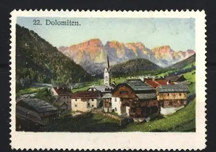 Reklamemarke Dolomiten, Berglandschaft mit Kirche