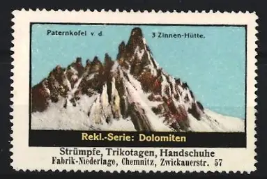 Reklamemarke Chemnitz, Strümpfe, Trikotagen, Handschuhe, Paternkofel v. d. Drei Zinnen-Hütte