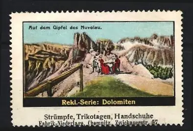 Reklamemarke Chemnitz, Strümpfe, Trikotagen, Handschuhe, Auf dem Gipfel des Nuvolau