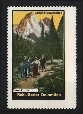 Reklamemarke Chemnitz, Strümpfe, Trikotagen, Handschuhe, Langkofelkarspitze, Wanderer in Berglandschaft