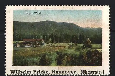 Reklamemarke Hannover, Wilhelm Fricke, Bayr. Wald, Landschaftsansicht