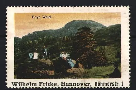 Reklamemarke Hannover, Wilhelm Fricke, Landschaft mit Berg und Wanderern im bayr. Wald