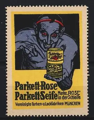 Reklamemarke München, Vereinigte Farben- und Lackfabriken, Parkett-Rose Parkett-Seife, Mann mit Packung