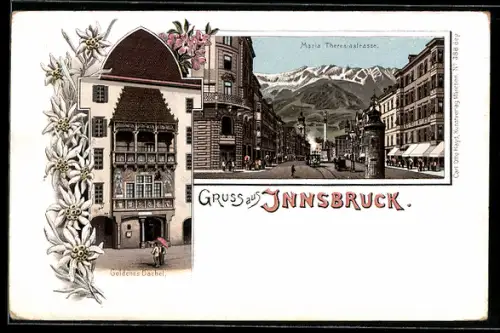 Lithographie Innsbruck, Maria-Theresienstrasse mit Passanten, Goldenes Dachl
