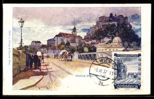 Künstler-AK Philipp + Kramer Nr. CXII-1: Salzburg, Fuhrwerk und Passanten auf einer Brücke, Inner-Nonnthal